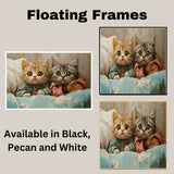 Painting of Two Cute Kittens in Colorful Pajamas Sitting Together Under a Blanket with Big Eyes and Soft Fur in a Cozy Setting with Warm Expressive Brush Strokes on Ready to Hang 1.5" Thick Canvas Wrap, Floating Framed Canvas, Flat Rolled Canvas