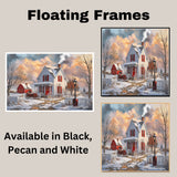 Winter White Farmhouse – Cozy Snow-Covered Country Home with Red Barn and Sleigh Wall Art Print on Ready to Hang 1.5" Thick Canvas Wrap, Floating Framed Canvas, Flat Rolled Canvas
