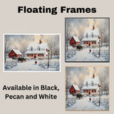Charming Winter Painting of Snowy White Farmhouse, Red Barn, Horse and Wagon, and Glowing Lights at Dusk on Ready to Hang 1.5" Thick Canvas Wrap, Floating Framed Canvas, Flat Rolled Canvas