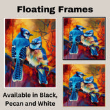Blue Jays on Fiery Autumn Branch with Vivid Brush Strokes Perfect Nature Inspired Art for Bird Lovers Wildlife Enthusiasts and Bright Interior Accents on Ready to Hang 1.5" Thick Canvas Wrap, Floating Framed Canvas, Flat Rolled Canvas