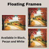 Curving Autumn Road with Blue Cabin and Hills – Colorful Fall Folk Art Landscape Wall Print on Ready to Hang 1.5" Thick Canvas Wrap, Floating Framed Canvas, Flat Rolled Canvas