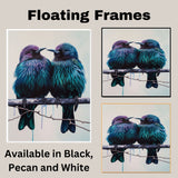 Striking Bird Pair Artwork Featuring Iridescent Teal and Purple Feathers on a Perch with Minimalist Light Background and Subtle Dripping Paint Detail on Ready to Hang 1.5" Thick Canvas Wrap, Floating Framed Canvas, Flat Rolled Canvas