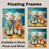 Two Cute Lambs in Bright Pajamas Wall Art | Adorable Nursery Animal Painting Print for Baby Room, Farmhouse Kids Decor, or Cozy Pastoral-Style Walls on Ready to Hang 1.5" Thick Canvas Wrap, Floating Framed Canvas, Flat Rolled Canvas