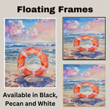 Watercolor Painting of a Life Ring on the Beach Framed by Waves and Colorful Sky with Nautical Anchor Design on Ready to Hang 1.5" Thick Canvas Wrap, Floating Framed Canvas, Flat Rolled Canvas