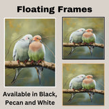Charming Bird Couple Snuggled on Branch in Soft Pastel Tones with Forest Background Perfect for Romantic Ambiance and Nature Inspired Art Lovers on Ready to Hang 1.5" Thick Canvas Wrap, Floating Framed Canvas, Flat Rolled Canvas
