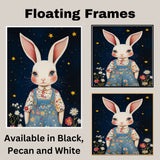 Adorable White Bunny in Floral Overalls Hand Painted Art Magical Starry Night Scene Perfect for Nursery Kids Room Home Wall Decor Bedroom or Gift on Ready to Hang 1.5" Thick Canvas Wrap, Floating Framed Canvas, Flat Rolled Canvas