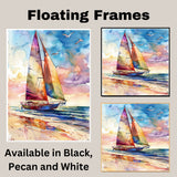 Watercolor Painting of Multicolored Sailboat on Ocean with Sunset Sky and Seagulls on Ready to Hang 1.5" Thick Canvas Wrap, Floating Framed Canvas, Flat Rolled Canvas