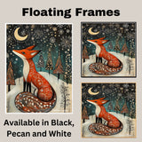 Magical Winter Fox Canvas – Red Fox with Snowflakes and Trees Under a Starry Night Sky and Crescent Moon on Ready to Hang 1.5" Thick Canvas Wrap, Floating Framed Canvas, Flat Rolled Canvas