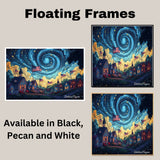 4th of July Village Celebration with Fireworks and Swirly Night Sky – Patriotic Folk Art Print on Ready to Hang 1.5" Thick Canvas Wrap, Floating Framed Canvas, Flat Rolled Canvas