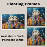 Adorable Painting of Two Sheep Wrapped in Colorful Quilted Blankets with Smiling Faces Surrounded by Flowers and a Deep Blue Whimsical Background on Ready to Hang 1.5" Thick Canvas Wrap, Floating Framed Canvas, Flat Rolled Canvas