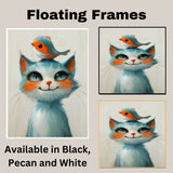 Charming Blue and White Cat with Red-Breasted Bird on Head Illustration for Kids Room or Nursery Cute Whimsical Animal Art with Bright and Playful Expression on Ready to Hang 1.5" Thick Canvas Wrap, Floating Framed Canvas, Flat Rolled Canvas