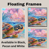 Colorful Sea Turtle on Shoreline at Sunset in Watercolor with Vibrant Ocean Waves and Tropical Sky Illustration on Ready to Hang 1.5" Thick Canvas Wrap, Floating Framed Canvas, Flat Rolled Canvas
