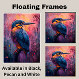 Blue and Orange Kingfisher Style Bird with Vibrant Abstract Pink and Purple Background on Ready to Hang 1.5" Thick Canvas Wrap, Floating Framed Canvas, Flat Rolled Canvas