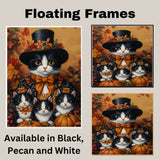 Autumn Whimsy: Tuxedo Cat Mom and Three Kittens in Festive Costumes with Pumpkins on Ready to Hang 1.5" Thick Canvas Wrap, Floating Framed Canvas, Flat Rolled Canvas