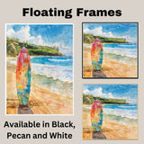 Watercolor Painting of a Multicolored Surfboard on a Tropical Beach with Ocean Waves and Green Coastal Hills in the Background on Ready to Hang 1.5" Thick Canvas Wrap, Floating Framed Canvas, Flat Rolled Canvas
