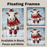 Adorable Christmas Cow Ice Skating in Santa Hat with Red Scarf Festive Farm Animal Illustration for Country Holiday Decor and Whimsical Winter Cheer on Ready to Hang 1.5" Thick Canvas Wrap, Floating Framed Canvas, Flat Rolled Canvas