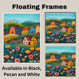 Whimsical Folk Art Canvas – Colorful Houses and Flowers on Rolling Hills in a Cheerful Landscape on Ready to Hang 1.5" Thick Canvas Wrap, Floating Framed Canvas, Flat Rolled Canvas