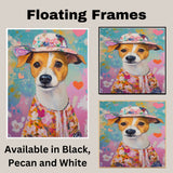Charming Blooms: Jack Russell Dog in a Hearty Flowery Dress and Hat Whimsical Artwork on Ready to Hang 1.5" Thick Canvas Wrap, Floating Framed Canvas, Flat Rolled Canvas