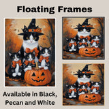 Enchanted Autumn Gathering: Tuxedo Cat Mom in Witch Hat with Three Kittens and Carved Pumpkin on Ready to Hang 1.5" Thick Canvas Wrap, Floating Framed Canvas, Flat Rolled Canvas