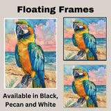 Colorful Parrot Watercolor Painting with Tropical Beach and Ocean Sunset Background on Ready to Hang 1.5" Thick Canvas Wrap, Floating Framed Canvas, Flat Rolled Canvas