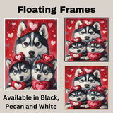 Valentine's Day Joy: A Siberian Husky Mom and Her Adorable Puppies Surrounded by Hearts and Blooms on Ready to Hang 1.5" Thick Canvas Wrap, Floating Framed Canvas, Flat Rolled Canvas