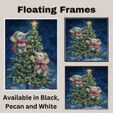 Christmas Baby Elephants Decorating Tree with Star and Ornaments in Snowy Night Scene Holiday Art Print for Nursery or Cozy Winter Home Decor on Ready to Hang 1.5" Thick Canvas Wrap, Floating Framed Canvas, Flat Rolled Canvas