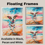 Playful Watercolor Dog Running on Beach with Colorful Sky and Seagulls in Energetic Coastal Pet Wall Art on Ready to Hang 1.5" Thick Canvas Wrap, Floating Framed Canvas, Flat Rolled Canvas