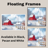 Christmas in the Country – Rustic Home with Red Barn and Snowfall on Ready to Hang 1.5" Thick Canvas Wrap, Floating Framed Canvas, Flat Rolled Canvas