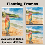 Watercolor Painting of a Multicolored Surfboard on a Sunny Beach with Ocean Waves and Palm-Covered Green Hills in the Background on Ready to Hang 1.5" Thick Canvas Wrap, Floating Framed Canvas, Flat Rolled Canvas