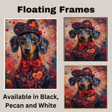 Endearing Love: Dachshund in a Red Heart-Adorned Top and Hat Charming Romantic Painting on Ready to Hang 1.5" Thick Canvas Wrap, Floating Framed Canvas, Flat Rolled Canvas