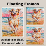 Watercolor Painting of a Fluffy Dog Joyfully Running on the Beach with Ocean Waves and Vibrant Sunset Skies on Ready to Hang 1.5" Thick Canvas Wrap, Floating Framed Canvas, Flat Rolled Canvas