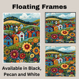 Colorful Folk Art Canvas – Bright Village Houses and Whimsical Wildflowers on Rolling Green Hills on Ready to Hang 1.5" Thick Canvas Wrap, Floating Framed Canvas, Flat Rolled Canvas