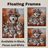 Autumn Charm: Siberian Husky Mom and Her Three Puppies in Victorian Elegance on Ready to Hang 1.5" Thick Canvas Wrap, Floating Framed Canvas, Flat Rolled Canvas