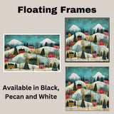 Christmas Village in Snowy Hills with Colorful Homes, Pine Trees, and Falling Snowflakes in Whimsical Folk Art on Ready to Hang 1.5" Thick Canvas Wrap, Floating Framed Canvas, Flat Rolled Canvas