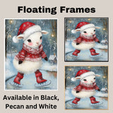 Whimsical Christmas Lamb Ice Skating Under Winter Lights in Red Sweater and Santa Hat – Sweet Holiday Animal Art for Nursery Decor, Gifts, and Seasonal Joy on Ready to Hang 1.5" Thick Canvas Wrap, Floating Framed Canvas, Flat Rolled Canvas
