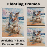 Watercolor Painting of a Fluffy Dog Running on the Beach with Splashes of Sand and Ocean Waves under a Pastel Sunset Sky on Ready to Hang 1.5" Thick Canvas Wrap, Floating Framed Canvas, Flat Rolled Canvas