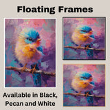 Cute Baby Bird in Rainbow Brushstrokes with Blue Pink and Yellow Feathers Sitting Calmly on a Branch Ideal for Whimsical and Artistic Wall Displays on Ready to Hang 1.5" Thick Canvas Wrap, Floating Framed Canvas, Flat Rolled Canvas