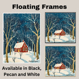 Snowy Forest Scene with Red House, Tall Golden Trees, and Falling Snow Under a Peaceful Starry Winter Night Sky on Ready to Hang 1.5" Thick Canvas Wrap, Floating Framed Canvas, Flat Rolled Canvas