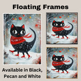 Christmas Wall Art Featuring Big-Eyed Black Cat Ice Skating in Snowy Forest with Red Scarf and Boots Whimsical Holiday Illustration for Winter Decor and Cat Lovers on Ready to Hang 1.5" Thick Canvas Wrap, Floating Framed Canvas, Flat Rolled Canvas