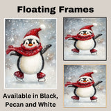 Whimsical Christmas Penguin Ice Skating with Red Scarf and Santa Hat – Cheerful Winter Animal Art for Holiday Nursery Decor, Gifts, or Seasonal Wall Display on Ready to Hang 1.5" Thick Canvas Wrap, Floating Framed Canvas, Flat Rolled Canvas