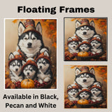 Autumn Charm: Siberian Husky Mom and Three Puppies in a Basket with Pumpkin and Grapes on Ready to Hang 1.5" Thick Canvas Wrap, Floating Framed Canvas, Flat Rolled Canvas