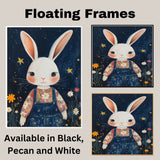Adorable White Bunny in Floral Shirt and Overalls Hand Painted Art Whimsical Night Sky Scene Perfect for Nursery Kids Room Wall Decor Bedroom or Gift on Ready to Hang 1.5" Thick Canvas Wrap, Floating Framed Canvas, Flat Rolled Canvas