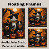 Enchanted Autumn Eve: Tuxedo Cat Witch and Kittens with Glowing Jack-O-Lantern on Ready to Hang 1.5" Thick Canvas Wrap, Floating Framed Canvas, Flat Rolled Canvas
