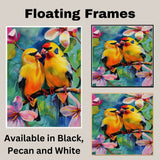Charming Yellow Bird Pair Artwork Featuring Bright Plumage and Blossoms on a Branch with a Lush Floral Background in Vivid Colors and Whimsical Style on Ready to Hang 1.5" Thick Canvas Wrap, Floating Framed Canvas, Flat Rolled Canvas