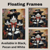Elegant Blossoms: Tuxedo Cat Mom Carrying Two Kittens in a Victorian Gown on Ready to Hang 1.5" Thick Canvas Wrap, Floating Framed Canvas, Flat Rolled Canvas
