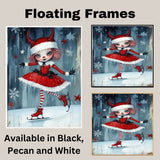 Whimsical Christmas Devil Girl Ice Skating in Red Santa Dress with Horns and Candy Cane Stripes Winter Fantasy Art Print or Canvas for Holiday Wall Decor on Ready to Hang 1.5" Thick Canvas Wrap, Floating Framed Canvas, Flat Rolled Canvas