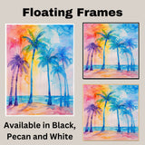 Vibrant Rainbow Palm Trees Watercolor Painting with Colorful Tropical Sky and Tranquil Ocean Beach Background on Ready to Hang 1.5" Thick Canvas Wrap, Floating Framed Canvas, Flat Rolled Canvas