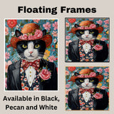 Floral Sophistication: Tuxedo Cat in a Flowery Hat and Elegant Suit Graceful Botanical Painting on Ready to Hang 1.5" Thick Canvas Wrap, Floating Framed Canvas, Flat Rolled Canvas