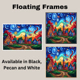 Colorful 4th of July Village with Fireworks, American Flags, and Swirling Sky, Whimsical Sunset Scene with Bold Colors and Playful Patriotic Celebration on Ready to Hang 1.5" Thick Canvas Wrap, Floating Framed Canvas, Flat Rolled Canvas