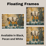 Whimsical Painting of Two Cute Baby Elephants in Colorful Outfits Sitting Together with Playful Expressions Against an Artistic Abstract Background on Ready to Hang 1.5" Thick Canvas Wrap, Floating Framed Canvas, Flat Rolled Canvas